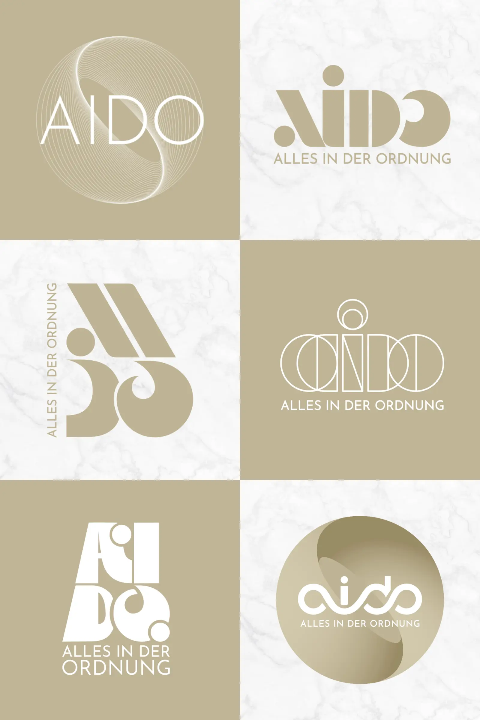 AIDO Logo-Entwürfe – sechs Explorations-Varianten in der Übersicht