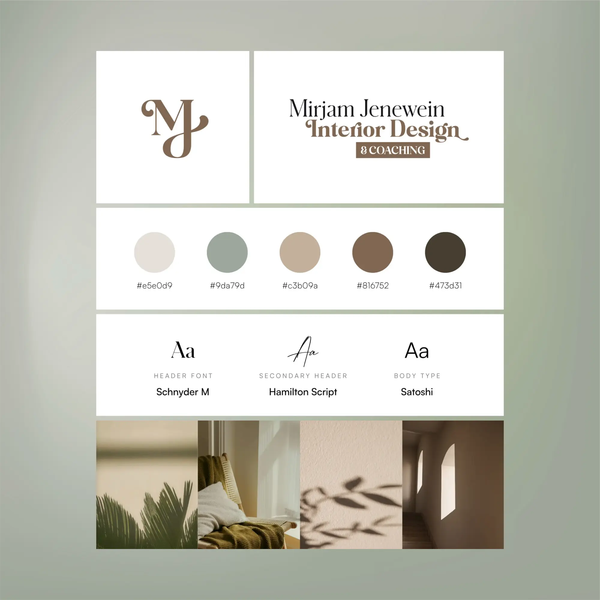 MJ Interior Design Brand Board mit Logo, Farben und Typografie