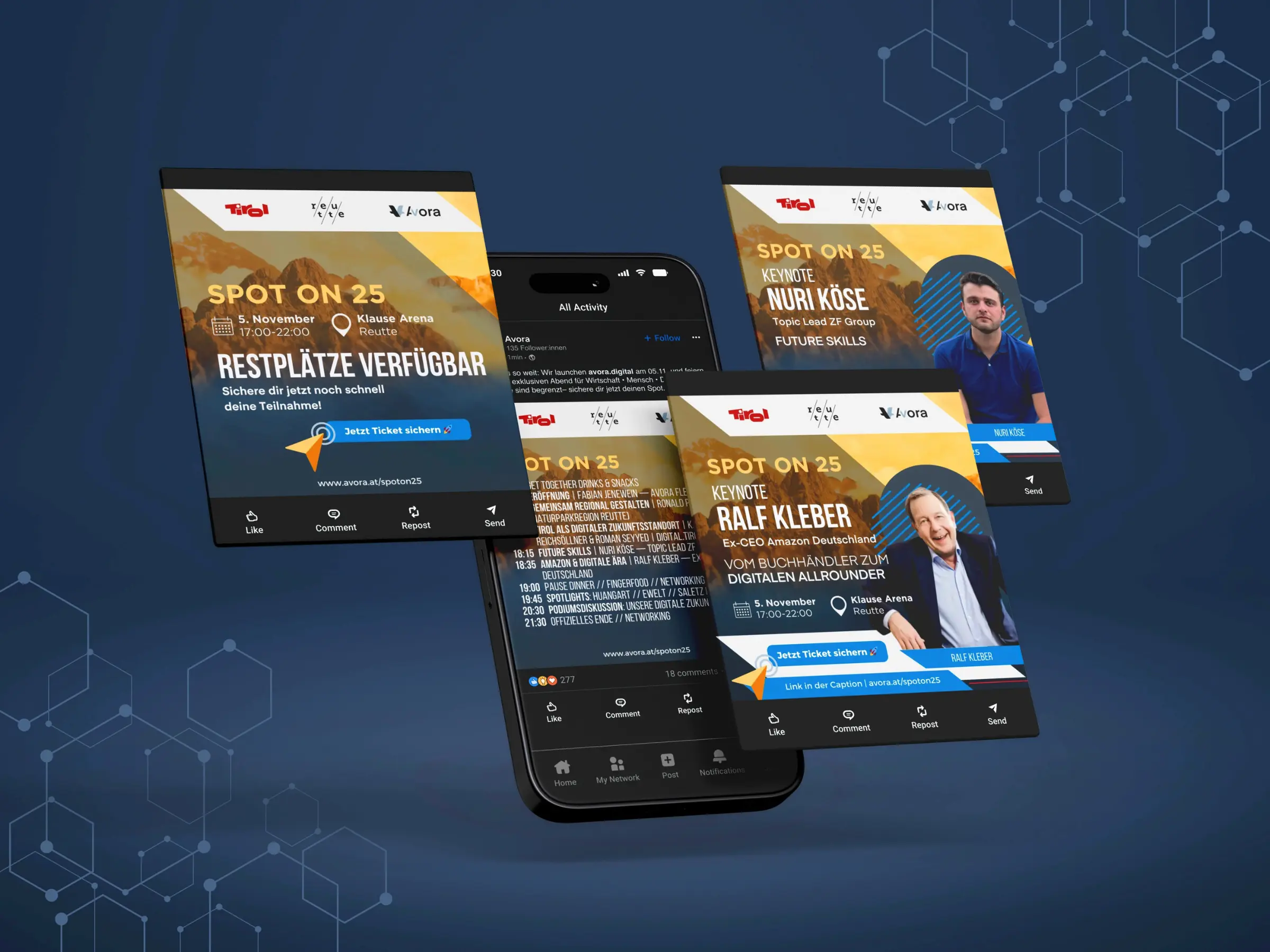 Avora Social-Media-Carousel auf drei Smartphones